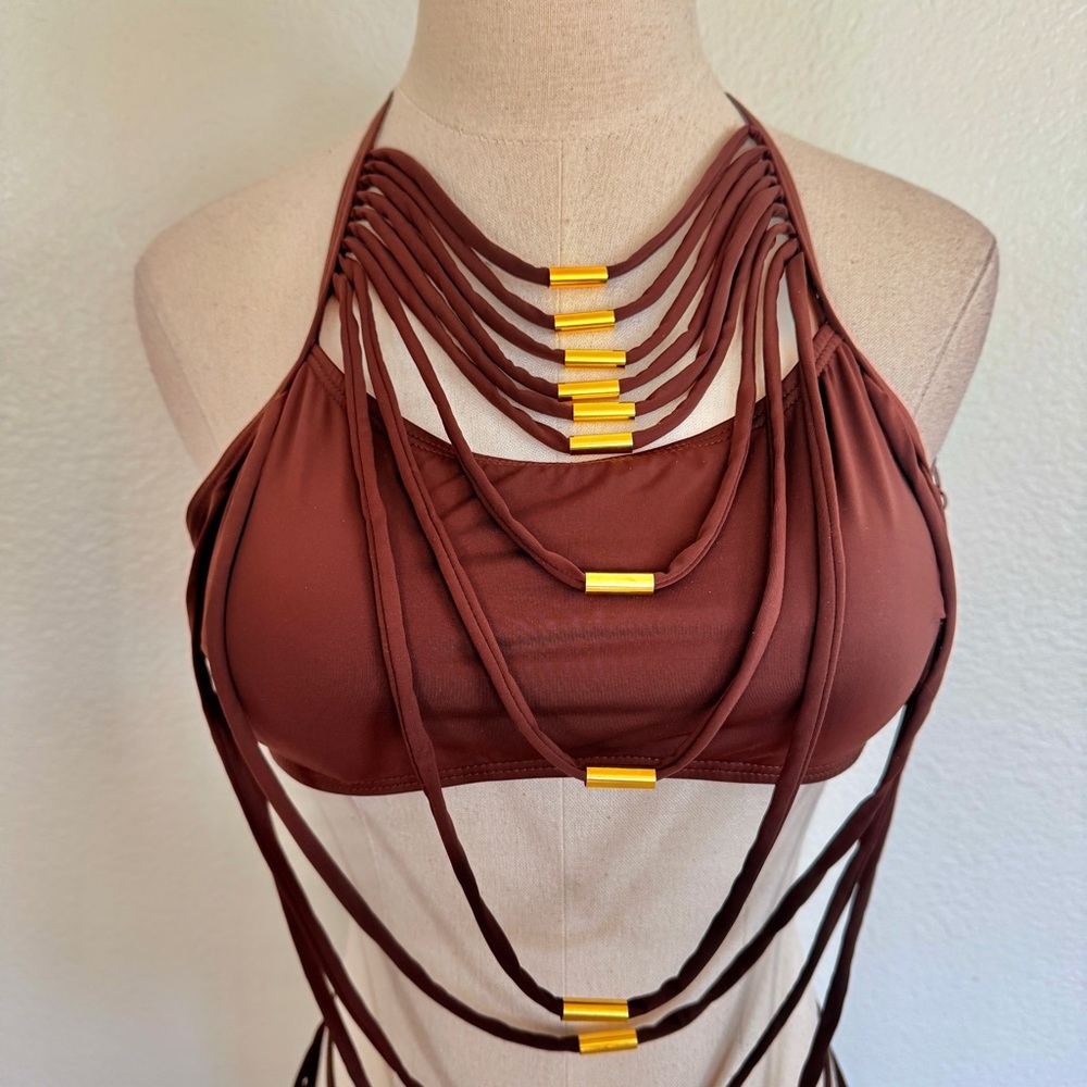 ๐ Brown Strappy Rope Gold Metal Detail Bikini Swimsuit Set - Picture 3 of 9